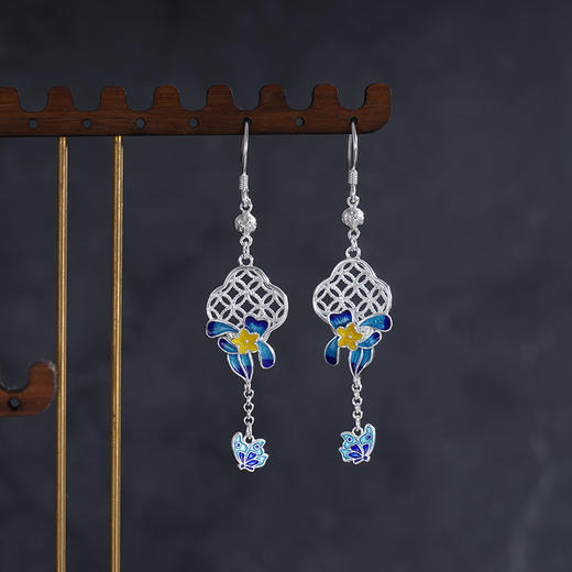 子佩集S990银[【花间蝶舞】耳环纯银【CEH000022】珐琅彩四叶草兰花窗格2501 商品图1