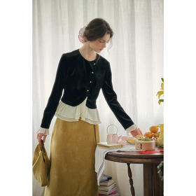 SimpleRetro绮园春日 轻国风斜门襟拼接丝绒外套女黑色短款小上衣