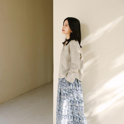 绽放旅行女装155朵/小欢喜衬衫色织棉麻灰显瘦复古文艺长袖小衫 商品图1