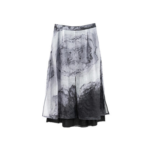 绽放旅行女装149朵/水墨感苎麻印花复古文艺轻薄显瘦双层半身长裙 商品图3