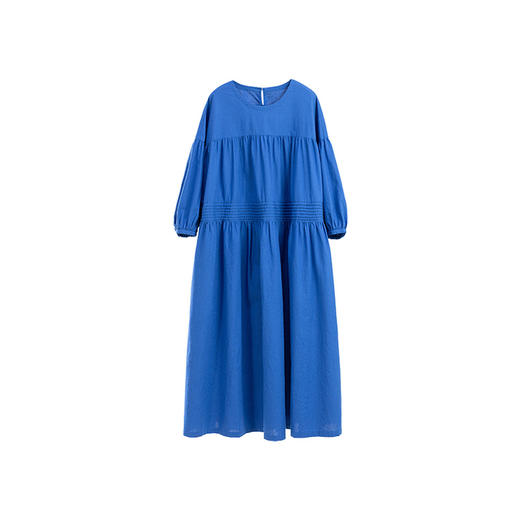 绽放旅行女装113朵/亚麻棉圆领落肩长袖塔克捏褶宽松大摆连衣裙 商品图3