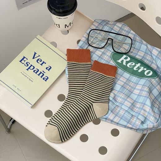 【纯棉高筒袜！舒适透气不闷脚】撞色条纹袜子女春秋款中筒红色条纹堆堆袜复古ins潮秋冬长袜。ry 商品图8