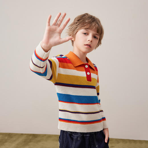 mettekids儿童100%羊绒衫2024秋冬新款男童毛衣女童彩色条纹针织 商品图1