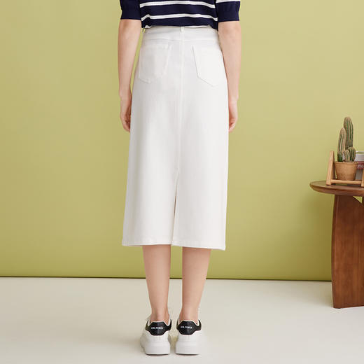 EITIE爱特爱简约白色显瘦高腰开叉a字过膝牛仔半身裙春季新款A2506515 商品图4