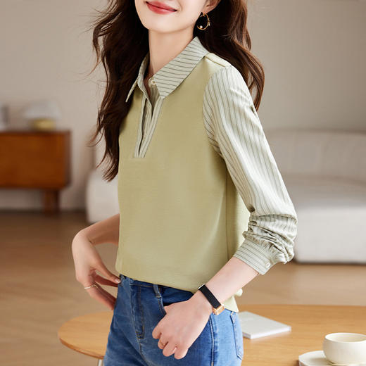 雀说假两件条纹长袖衬衫女新款拼接撞色上衣女士衬衣AL19006 商品图2