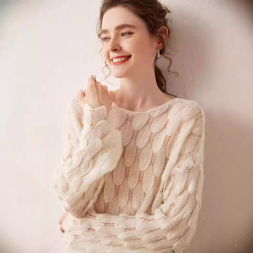雀说山羊绒罩衫圆领长袖镂空羽毛针织衫上衣新款薄款套头休闲新款毛衣AL8745 商品图2