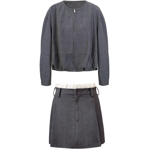 SELFWHO暗格纹灰色夹克半身裙女2025春新款宽松拉链外套裙子套装 商品图4