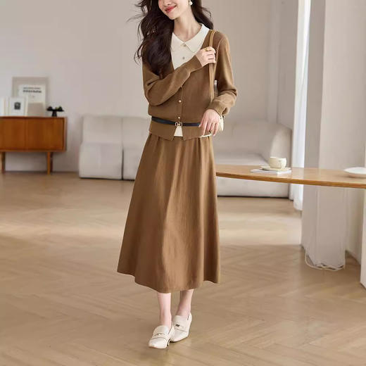 雀说针织连衣裙女中长裙拼接纯色套装裙过膝正式场合时尚气质裙子女装AL8986 商品图0