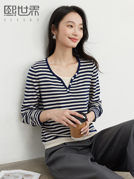 【专属特价】熙世界设计感假两件条纹针织衫女2025春秋长袖含羊毛显瘦毛衫上衣 商品图0