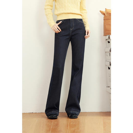 【严选】诗凡黎黑藏青微喇牛仔裤2025年春新款高腰显瘦百搭设计感休闲长裤7G2250131 商品图3