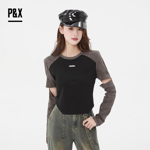 P&X设计师女装 时尚拼接设计针织短款T恤修身显瘦825102108 黑/灰 商品图0