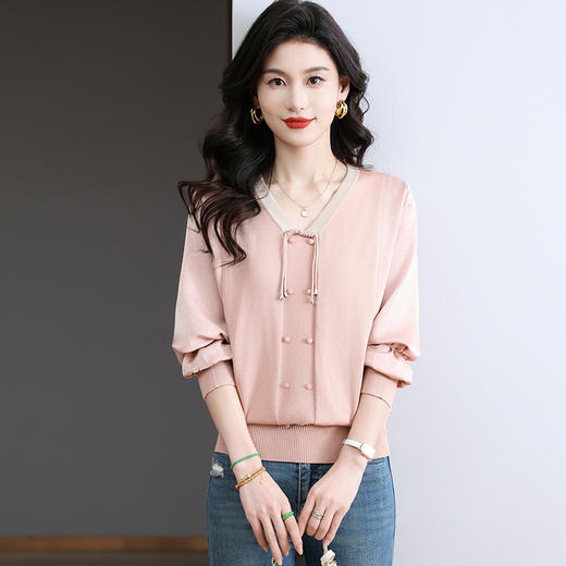 CC-BSM-732小个子针织拼接女士拼色2025春秋季新款宽松遮肉雪纺打底衫上衣服 商品图0
