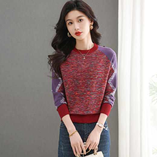 CC-101-96123圆领针织衫女士长袖t恤2025春秋装新款拼色宽松打底上衣 商品图2