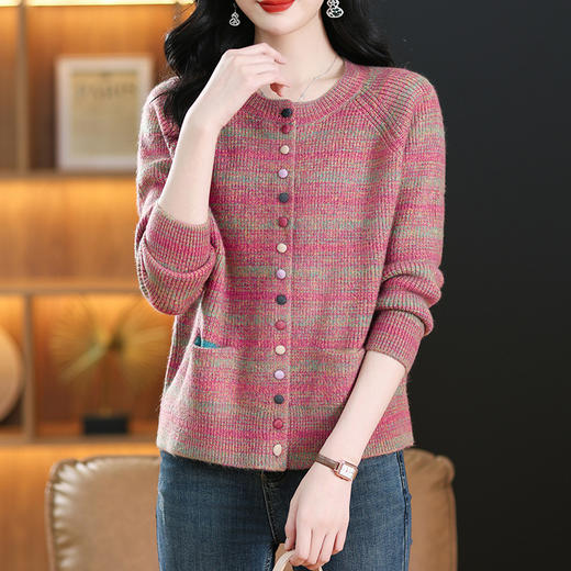 CC-17-67103春季新款女士小个子针织衫开衫上衣复古条纹毛衣外套圆领口袋 商品图1