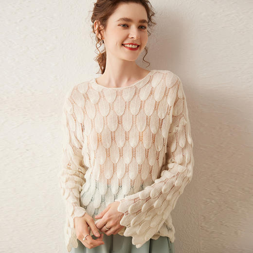 雀说山羊绒罩衫圆领长袖镂空羽毛针织衫上衣新款薄款套头休闲新款毛衣AL8745 商品图0