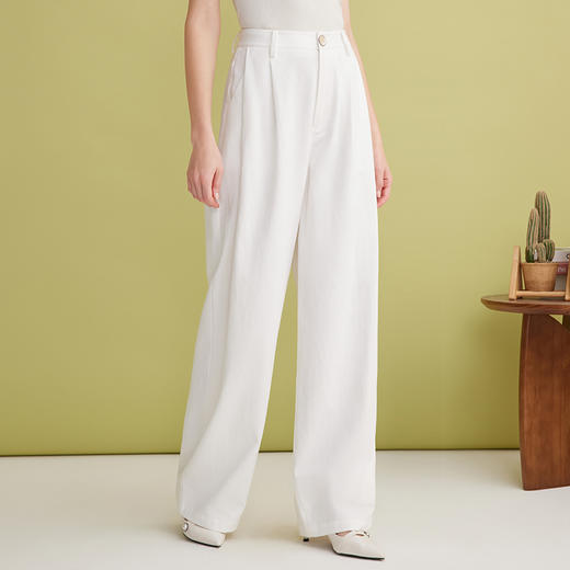 EITIE爱特爱舒适莱赛尔白色高腰阔腿显瘦休闲裤长裤春季新款A2505511 商品图1
