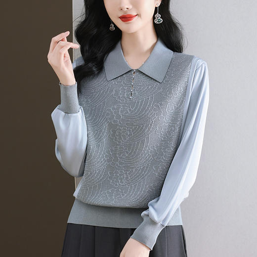 CC-89-523翻领拼接针织小衫女洋气2025新款春季宽松上衣长袖t恤打底衫薄款 商品图2