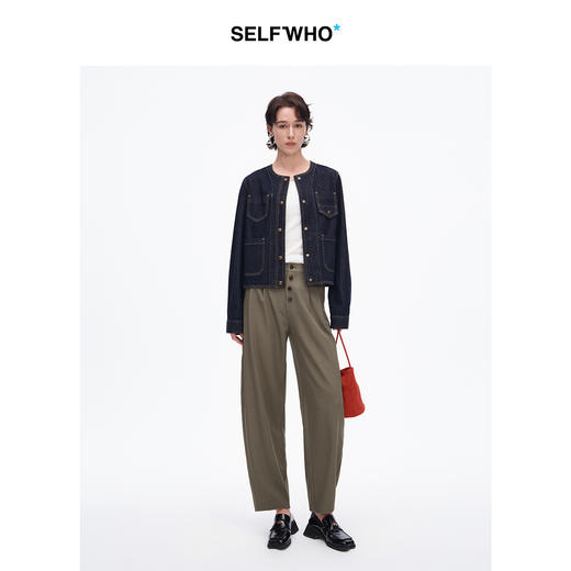 SELFWHO复古撞色线口袋牛仔外套女2025春季新款圆领箱型短款上衣 商品图2