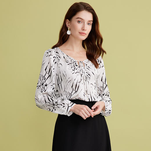 EITIE爱特爱两穿系带气质黑白水墨印花衬衫上衣2025春季新款A2513507 商品图2