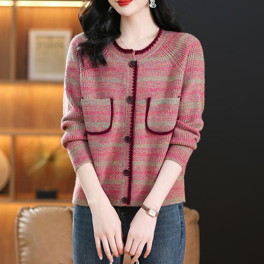 CC-17-67105春秋季新款毛衣女士洋气圆领复古条纹小个子针织开衫口袋外套 商品图1