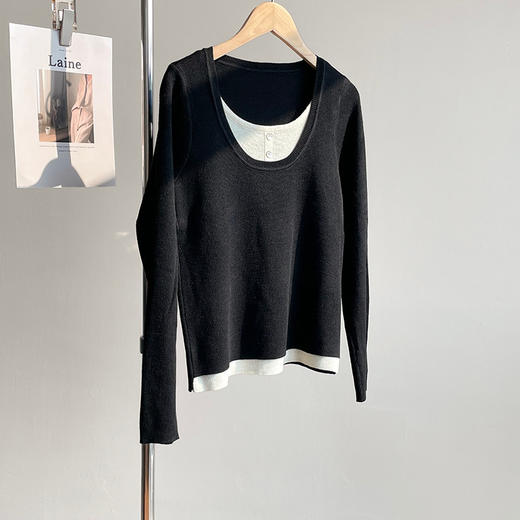 💖【小野日记Yono's Diary春款新款大U领羊毛衫XY-F-2002款】🔥假两件设计上身层次感十足，🌸10%羊毛含量，面料柔软亲肤，💕5个颜色可以选择，👗显瘦又百搭！！！ 商品图4