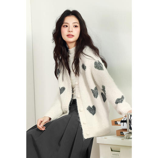 【严选】诗凡黎爱心珠片提花针织开衫2025春新款时髦洋气宽松百搭羊毛外套7FC131531 商品图0