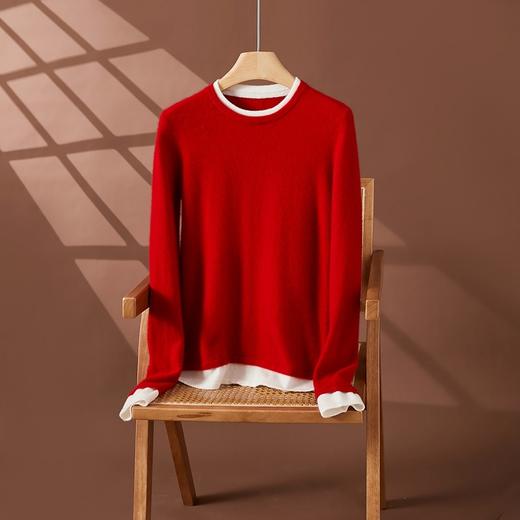 雀说红色羊绒衫女圆领秋冬新年高级内搭打底衫假两件小众气质毛衣AL8981 商品图7