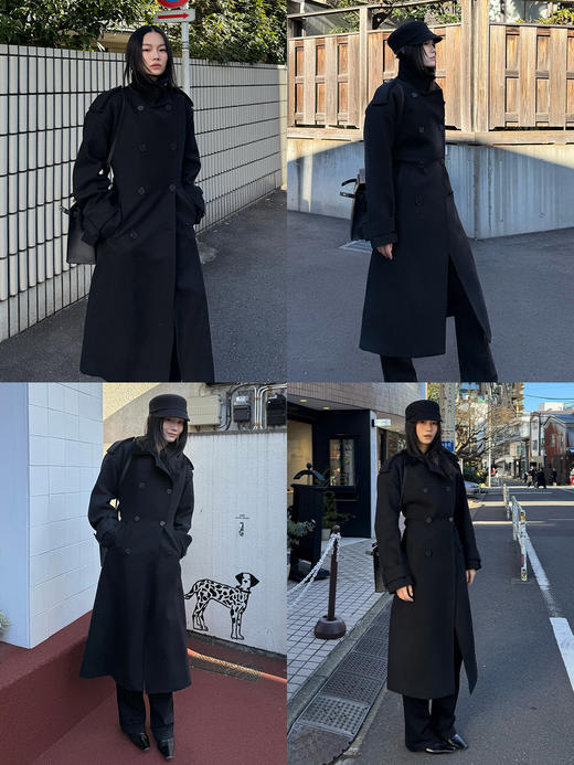 HIDEMI 节日系列进口羊麂皮拼接领极简设计感肩章宽肩大廓形可拆卸粗腰带军装感长款大衣 商品图4