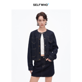 SELFWHO复古撞色线口袋牛仔外套女2025春季新款圆领箱型短款上衣