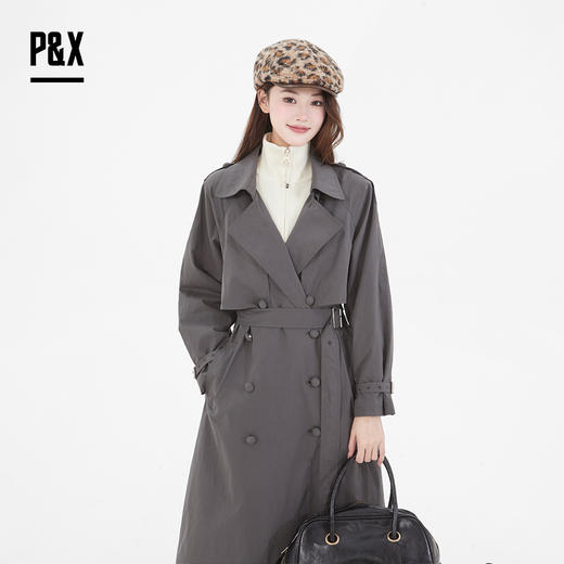 P&X设计师女装 时尚气质新款腰带扣长款风衣宽松825119082 灰色 商品图5