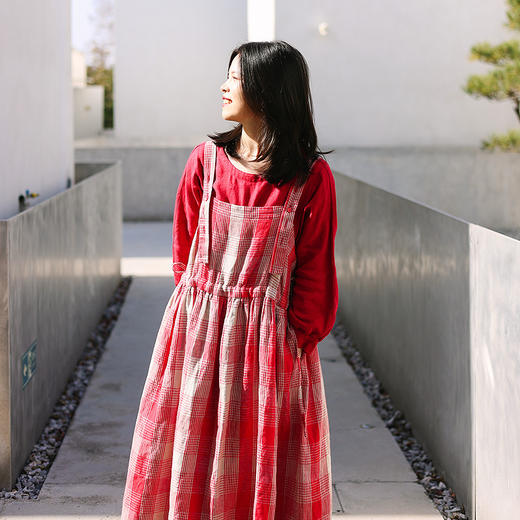 绽放旅行女装151朵/色织亚麻红格子可调节扣通道系带百搭背带裙 商品图0