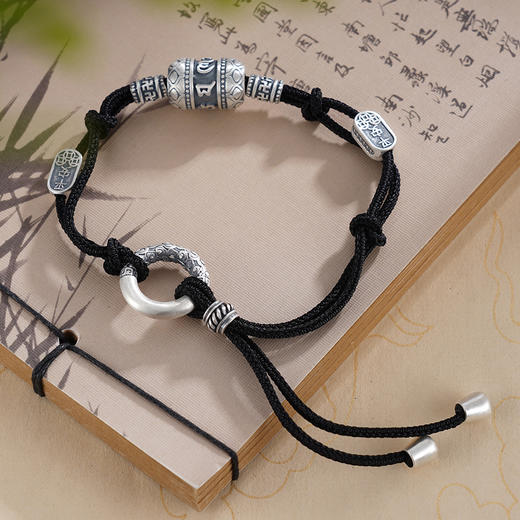 子佩集S999银【真言随心】手链纯银【N020-1】仿古拉绳黑绳2501 商品图0