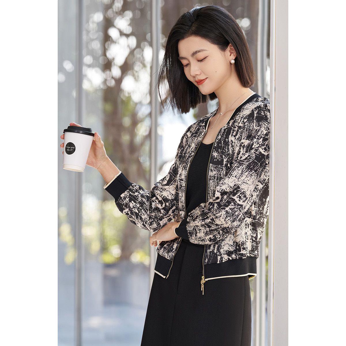 剩S/M/L 米思阳2026春季新款设计感印花短外套双拉链立领休闲通勤上衣5476