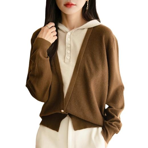 QHJY-JY8214春秋新款女式针织衫温柔慵懒风假两件毛衣拼色连帽领外穿上衣 商品图4