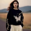 雀说黑色蝴蝶印花毛衣新款高级感圆领宽松慵懒风针织上衣AL5198 商品缩略图1