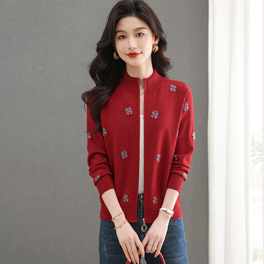 CC-101-96117立领拉链外套女士春秋2025新款短款针织开衫洋气提花上衣 商品图1