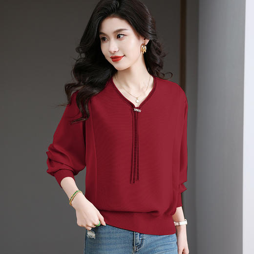 CC-BSM-728雪纺拼接长袖t恤女春秋2025新款针织上衣飘带宽松打底衫 商品图0