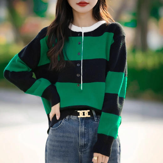 QHJY-JY8188新款条纹半开襟长袖针织衫上衣圆领安迪绒打底毛衣大码女装 商品图3