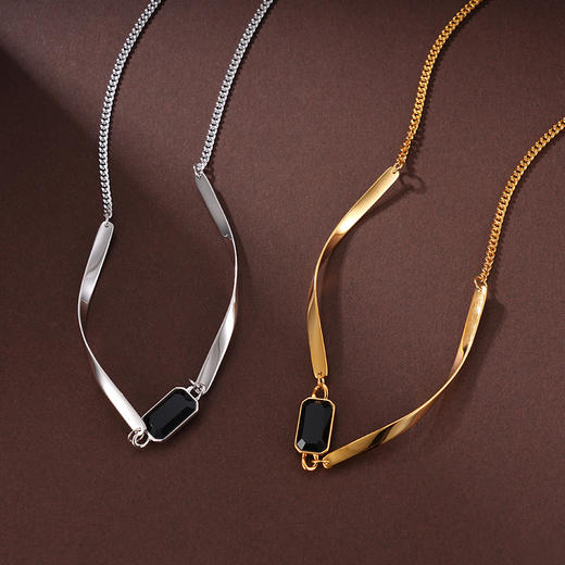 子佩集S925银【相生相伴】项链纯银【AE00079】原创2方块镀金黑玛瑙2501 商品图4