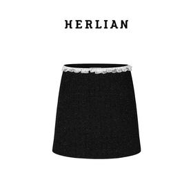 H2ESSKA084BK撞色腰头拼接设计粗花呢短裙