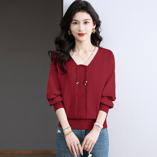 CC-BSM-732小个子针织拼接女士拼色2025春秋季新款宽松遮肉雪纺打底衫上衣服 商品图1