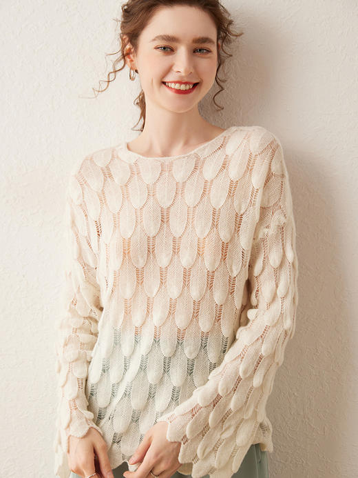 雀说山羊绒罩衫圆领长袖镂空羽毛针织衫上衣新款薄款套头休闲新款毛衣AL8745 商品图5