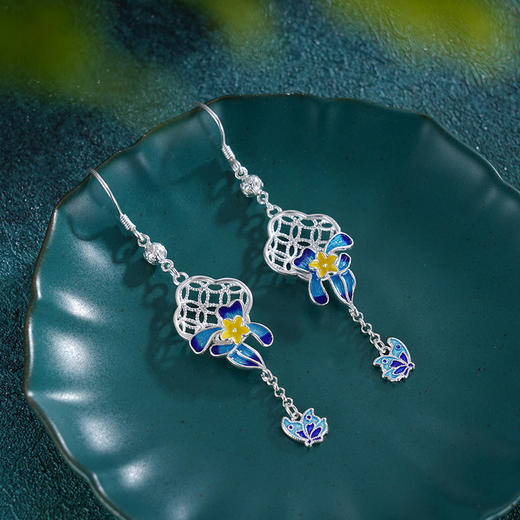 子佩集S990银[【花间蝶舞】耳环纯银【CEH000022】珐琅彩四叶草兰花窗格2501 商品图0