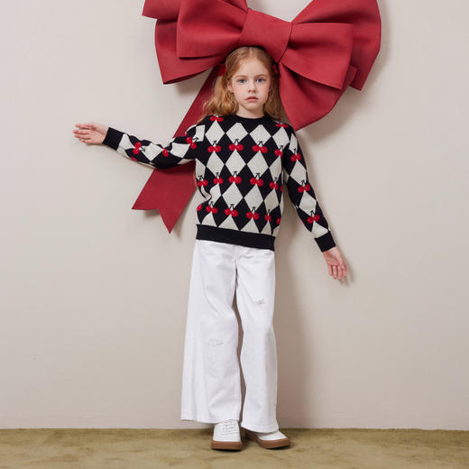 mettekids儿童100%羊绒衫秋冬新款女童黑白格提花加厚毛衣针织衫 商品图3