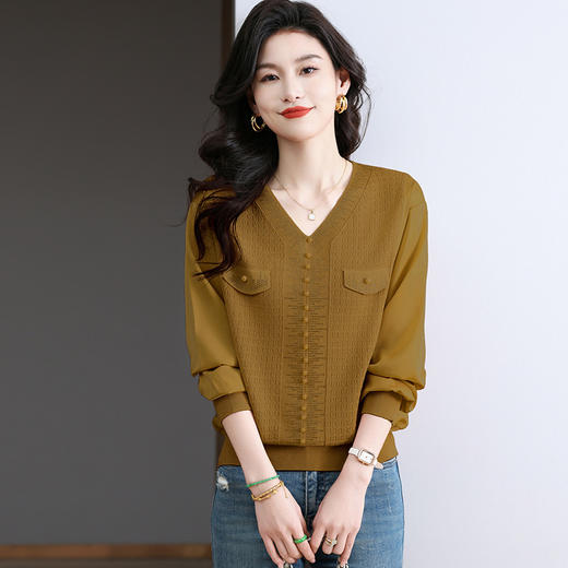 CC-BSM-731春秋季新款女士V领长袖雪纺拼接针织上衣洋气打底衫 商品图1