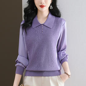 CC-89-523翻领拼接针织小衫女洋气2025新款春季宽松上衣长袖t恤打底衫薄款