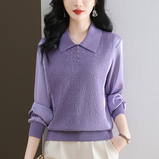 CC-89-523翻领拼接针织小衫女洋气2025新款春季宽松上衣长袖t恤打底衫薄款 商品图0