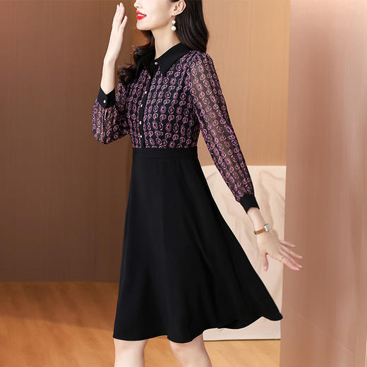 雀说新款女装气质收腰a字裙长袖打底裙子法式印花拼接连衣裙AL6687 商品图2