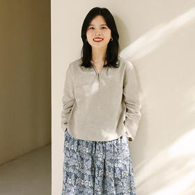 绽放旅行女装155朵/小欢喜衬衫色织棉麻灰显瘦复古文艺长袖小衫
