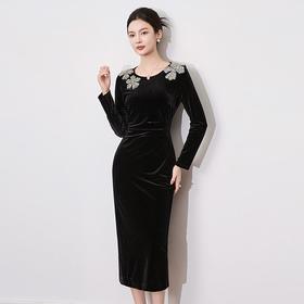 【高货wl】全新升级【铂金会员312/天猫419/差价107】(42554) 洛诗琳早春钉珠花朵丝绒长袖高级感修身气质中式连衣裙